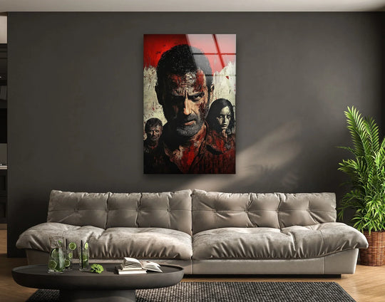 Warm tones dominate this tempered glass 'Dark Survivor Portrait Glass Wall Art,' a unique modern wall decor piece with red accents highlighting the figures.