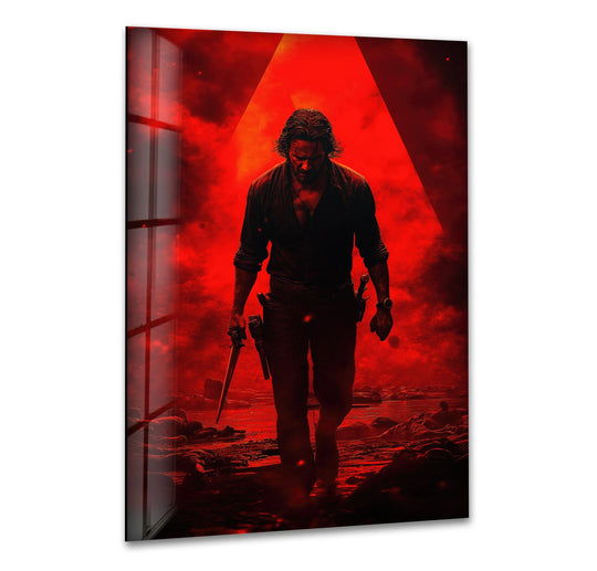 Geometric print wall art features a red smoky scene with a silhouetted gunman walking towards the viewer beneath a striking triangular light source.