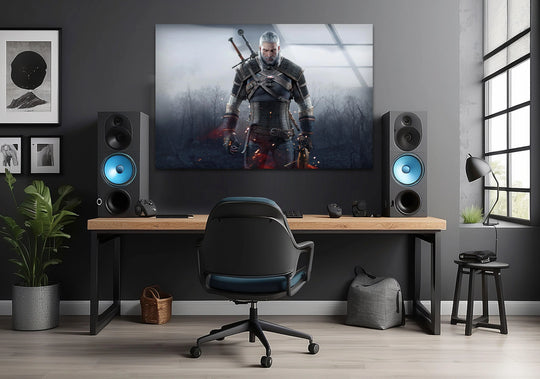 High color contrast emphasizes the White Haired Monster Hunter in this dark fantasy glass wall art decor, spotlighting the figure against the muted background.