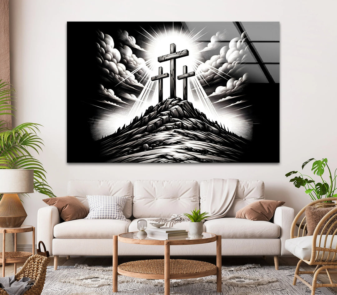 Black and white glass wall art featuring three crosses on a radiant hill with dramatic clouds.