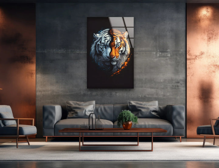 Bold glass art featuring a symmetrical tiger face with one side blue-white and the other orange-black.