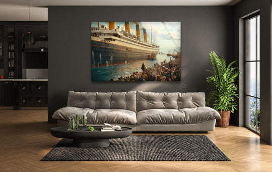 Dramatic color contrast showcases the vintage RMS Titanic scene in these striking wall prints, depicting the iconic ship against a crowd in muted tones.
