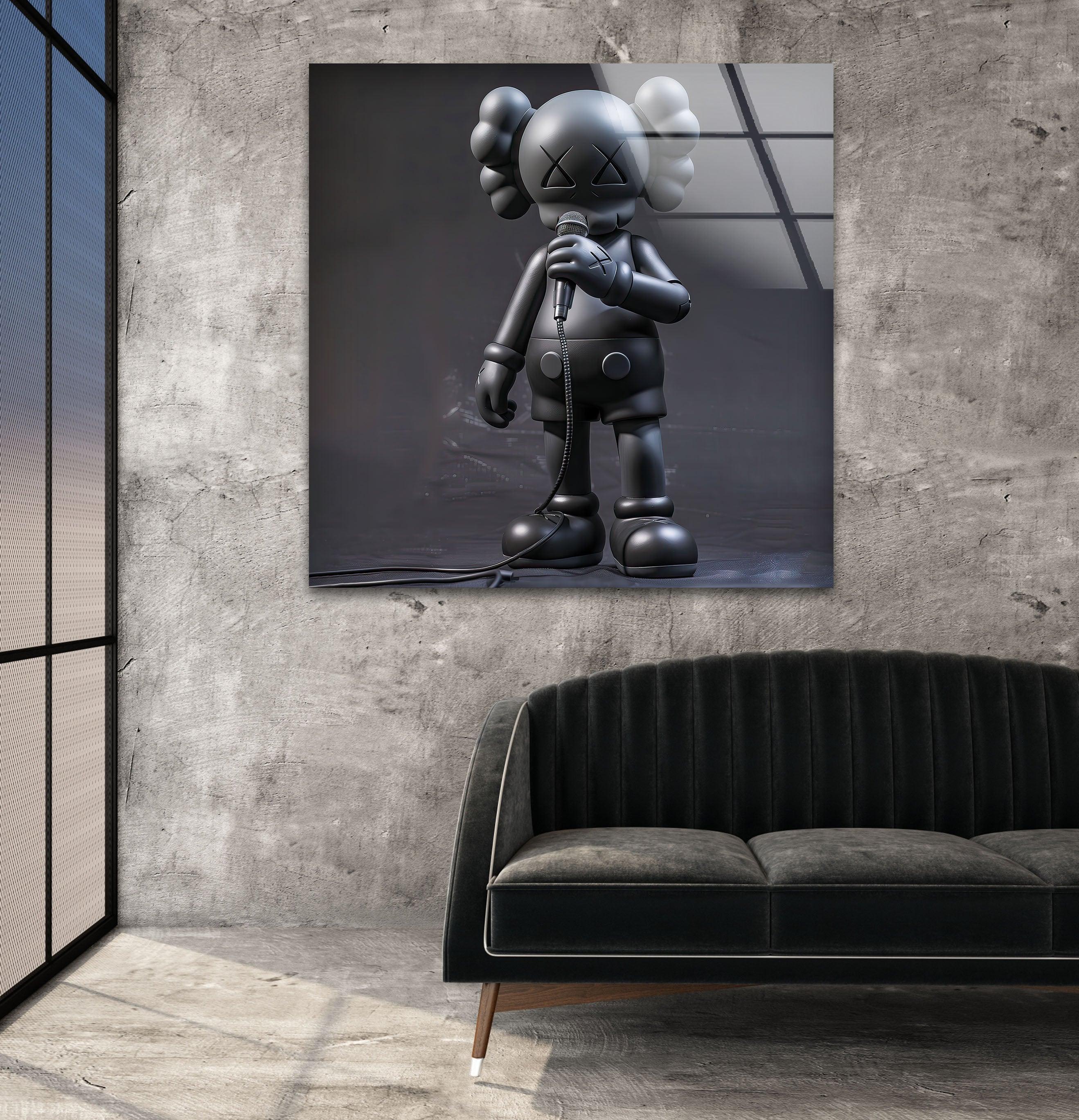 Singer Black Kaws Glass Wall Art – Minimal Pop Style – MyPhotoStation
