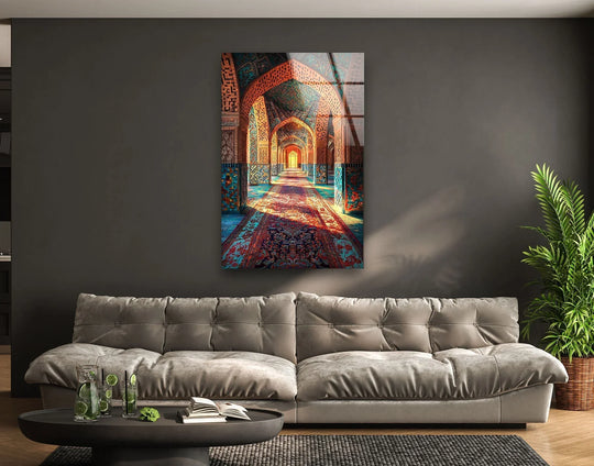 A Persian corridor's echoing arches create visual rhythm in this captivating glass printing.
