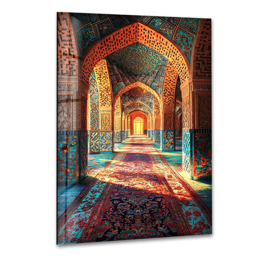 A vertical glass wall art depicts a traditional Persian corridor with intricate mosaic patterns and a patterned rug.