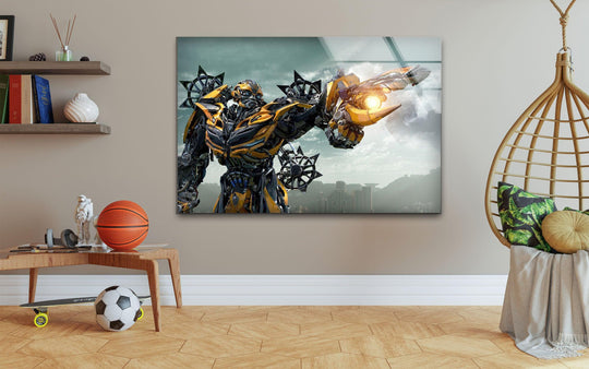 Smooth surface texture highlights the vibrant, futuristic robot art as tempered glass wall art, lending a modern, sci-fi aesthetic to the robot action scene.