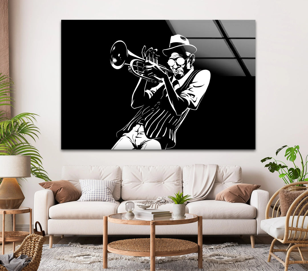 Monochrome glass art featuring a trumpet player in dynamic jazz illustration.