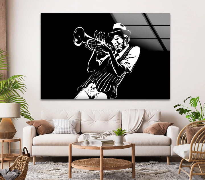 Monochrome glass art featuring a trumpet player in dynamic jazz illustration.