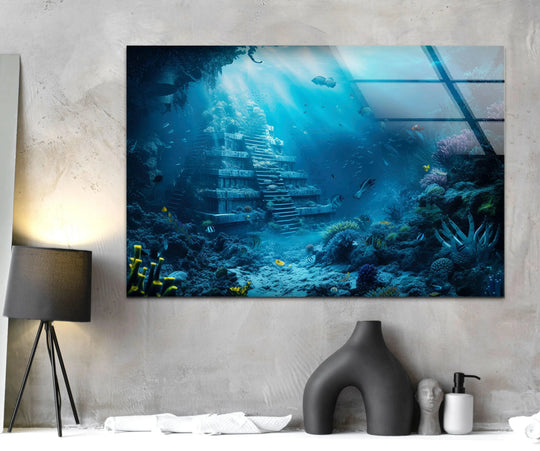Geometric elements highlight the tiered steps of a submerged city in this underwater Atlantis city glass wall artwork, adding depth and dimension.
