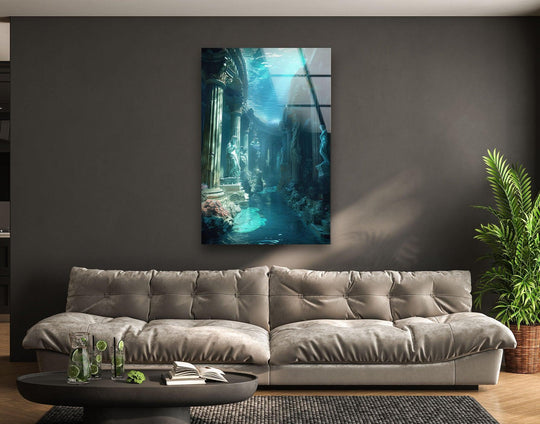 Negative space highlights the contemporary underwater Atlantis temple glass wall art through dark walls contrasting the image and creating an intimate atmosphere via glass printing.
