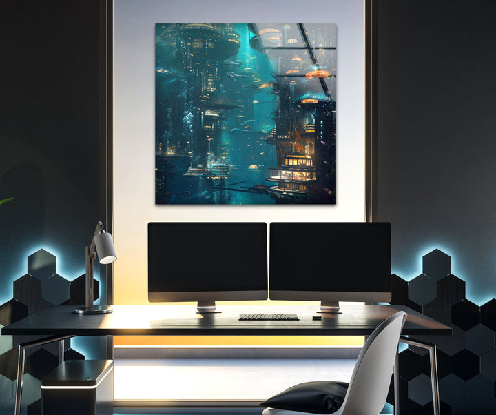 Underwater City View Glass Wall Artwork & Cool Art Prints