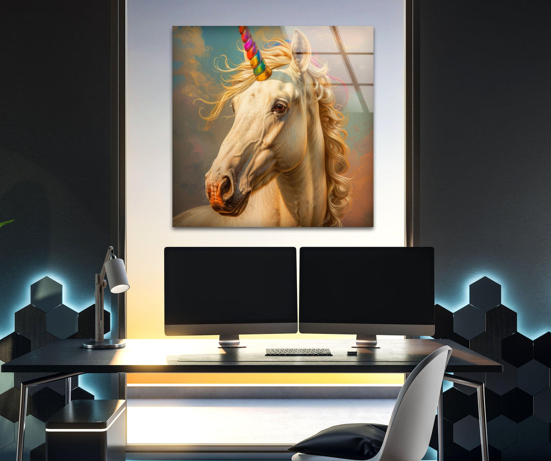 Unicorn With a Rainbow Glass Wall Art for Home