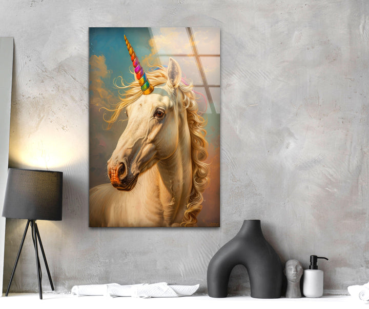 Unicorn With a Rainbow Photo on Glass Home Decor