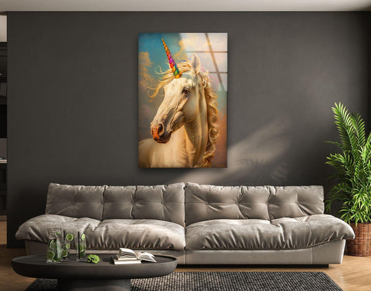 A magical unicorn's rainbow horn blends into a vibrant sky on this striking glass wall art, perfect for home decor.