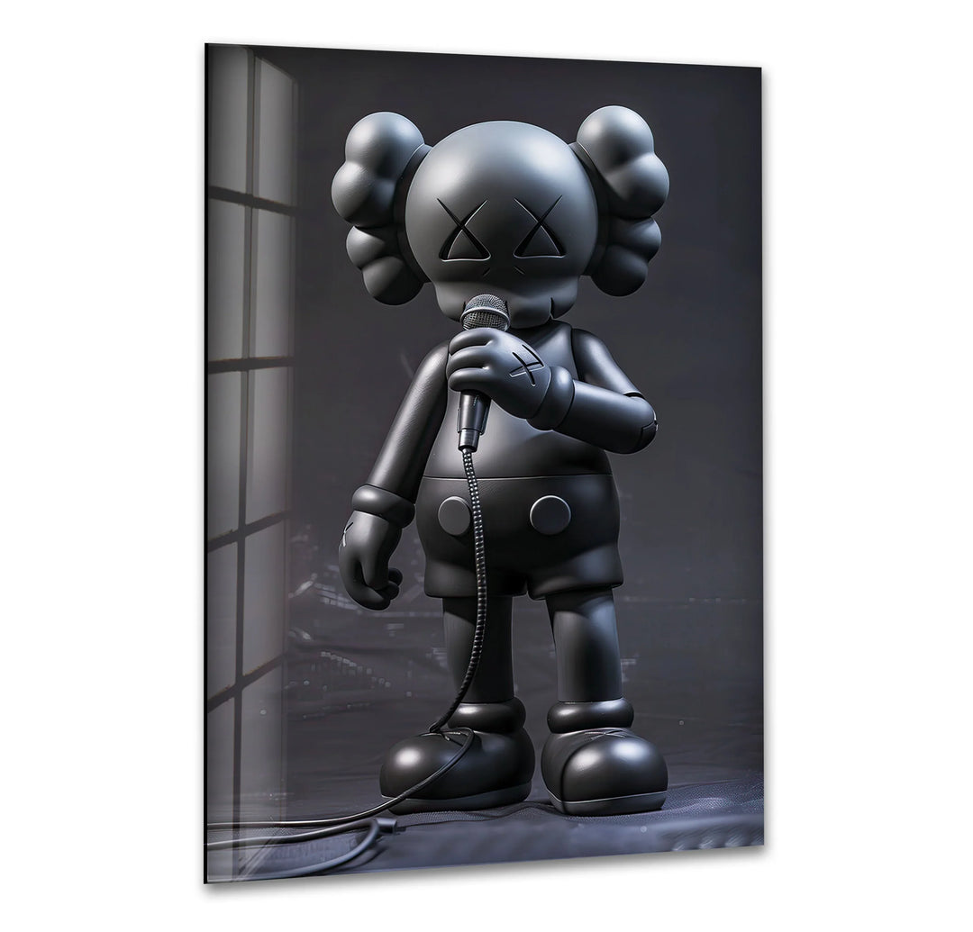 Black pop art figurine holding a microphone in modern glass wall art.