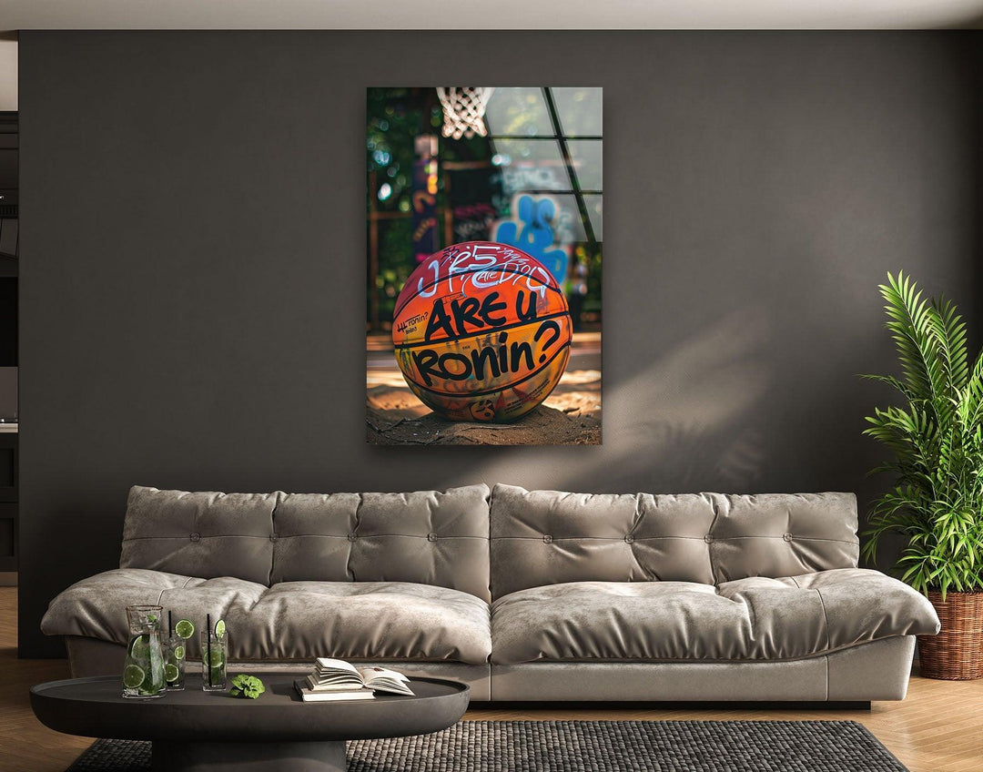 Vibrant street-style basketball artwork on glass featuring a tagged ball in a graffiti court.