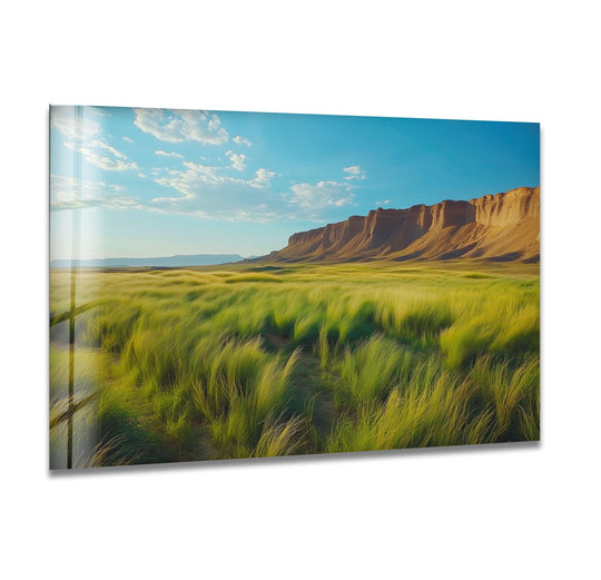 The focal point is on decorative wall art showcasing a breathtaking Utah mountain scene over a wind-swept field.