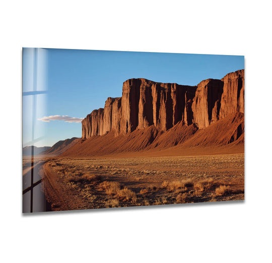 Bathed in sunlight, the expansive background showcases clear blue skies above striking red rock formations in this Utah Mountains glass wall art decor.