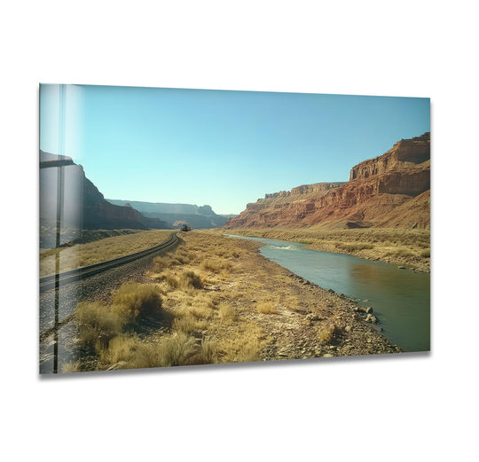 Tan dominates this beauty utah mountains landscape glass wall art decor, showcasing desert terrain along railroad tracks beside a river.