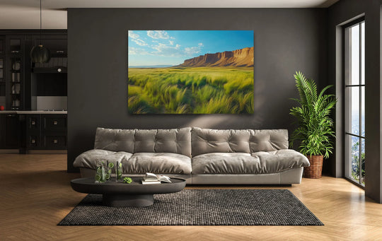 Light and shadow play across the Utah mountain landscape captured in this vibrant glass art, enhancing the depth and texture of the scene.
