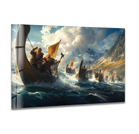 Distorted reflections capture the abstract quality of Valhalla Vikings glass wall art, transforming a Norse battle scene into blurred lines and color, akin to impressionistic wall prints.