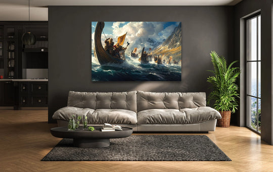 Evoking the abstract quality through fluid brushstrokes and bold colors, this Valhalla Vikings movie scene presents stunning wall art prints of Norse ships in an ocean landscape.