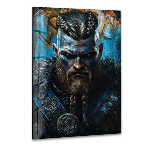 Swirling blues and golds give this Vikings Valhalla paint glass wall art a sense of frenetic energy, highlighting it as a piece of unique modern wall decor.