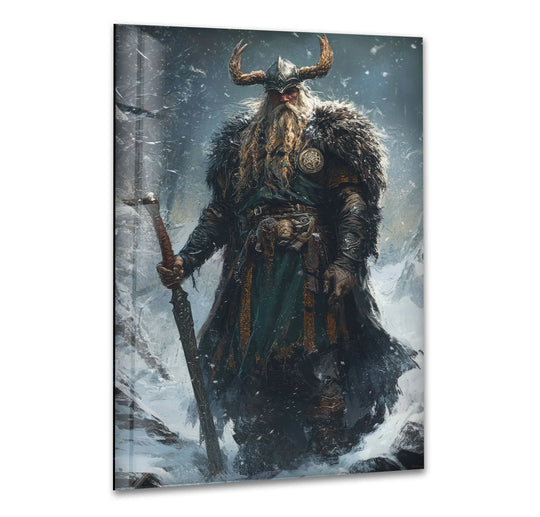 Illuminated by the brightest area, the Vikings Man glass wall art features a powerful Norse warrior, making it an extraordinary glass art painting for cinematic-themed decor.