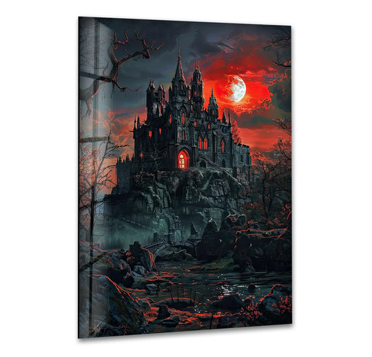 A realistic, detailed glass wall art print of a sinister gothic castle on a rocky cliff beneath a blood-red moon.