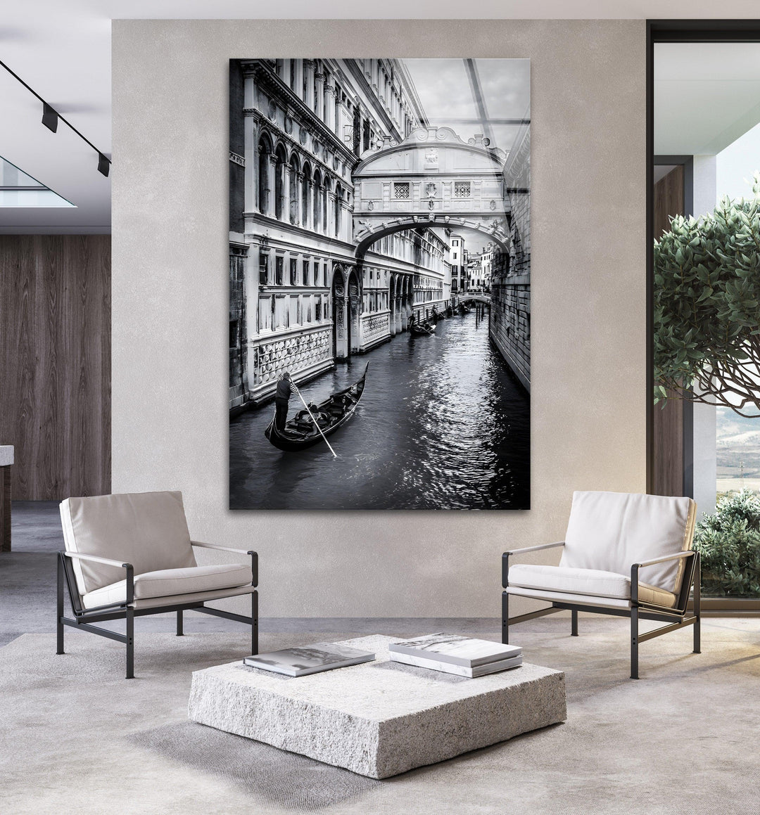 Dramatic monochrome Venice architecture and gondola artwork on tempered glass.