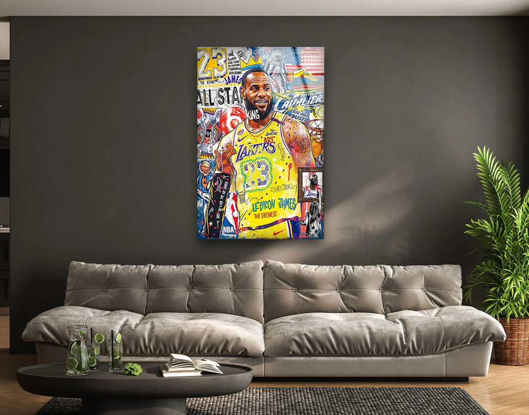 Dynamic basketball collage on glass showcasing a number 23 player in bold street-art style.-Lebron Glass Wall Art 