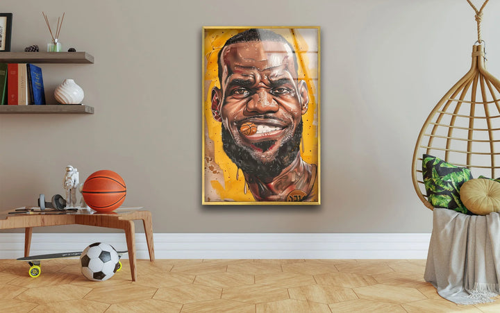 Bright yellow abstract background framing a dynamic illustrated basketball athlete on glass.