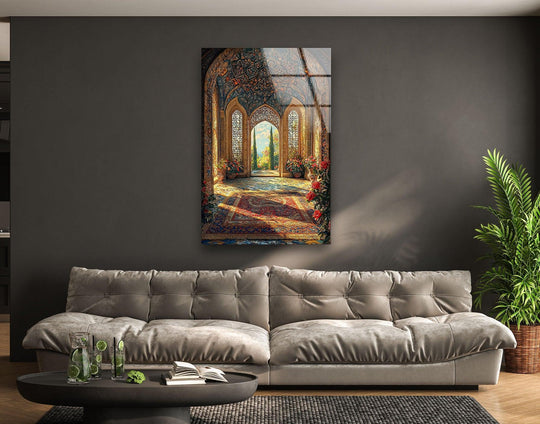 Sunlight streams through ornate arches onto lush foliage and flowing fabric, adding organic forms to this glass wall art decor.