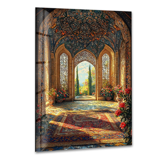 A serene glass wall art decor depicts a tranquil courtyard with blooming roses and ornate architecture, evoking a sense of peaceful stillness.