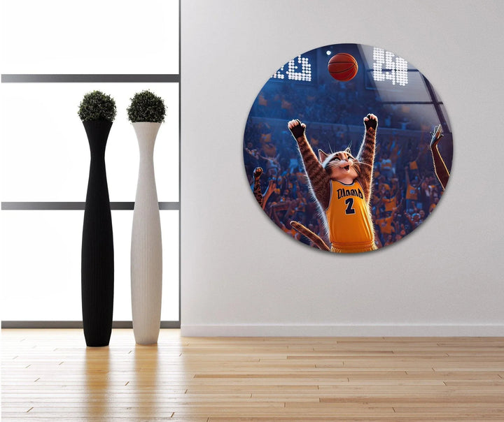 Energetic basketball wall art on glass with a cat player celebrating in a packed arena.