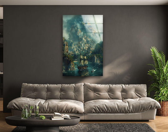 Vertical rectangular glass art painting featuring a mystical seaside kingdom with a breathtaking fantasy landscape, showcased in a sleek and modern design.