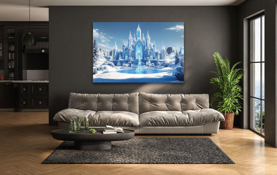 Strong color contrast highlights the dreamy, wintry hues of the snowy beauty castle glass wall art, a unique modern wall decor piece.
