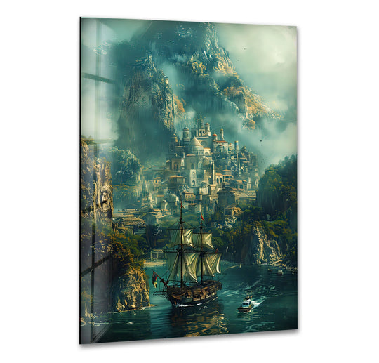High-gloss finish emphasizes the breathtaking mystical seaside kingdom glass printing, depicting an enchanting cliffside city and sailing ship fantasy escape.
