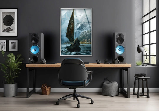 Foreground showcases Vikings Ship glass art, a dramatic film poster depiction of a Nordic longship voyage, adding a unique and eye-catching touch with brilliant glass art.