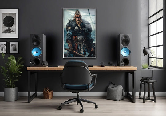 Displayed with a Vikings movie poster glass wall art print as the focal point, this unique modern wall decor showcases a fierce Norse warrior in vivid detail.