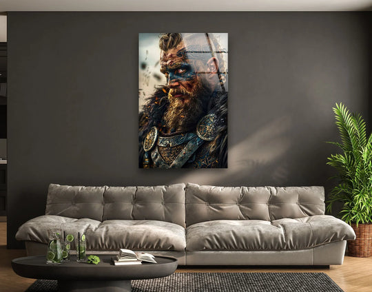 Angled geometric elements highlight the decorative wall art showcasing a Viking legend in the Nordic Warrior Spirit glass wall art piece.