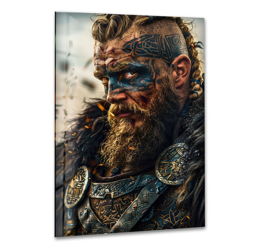 Bold color contrast defines this Nordic Warrior Spirit glass hanging wall art, highlighting the Viking legend's intricate face paint and detailed armor.