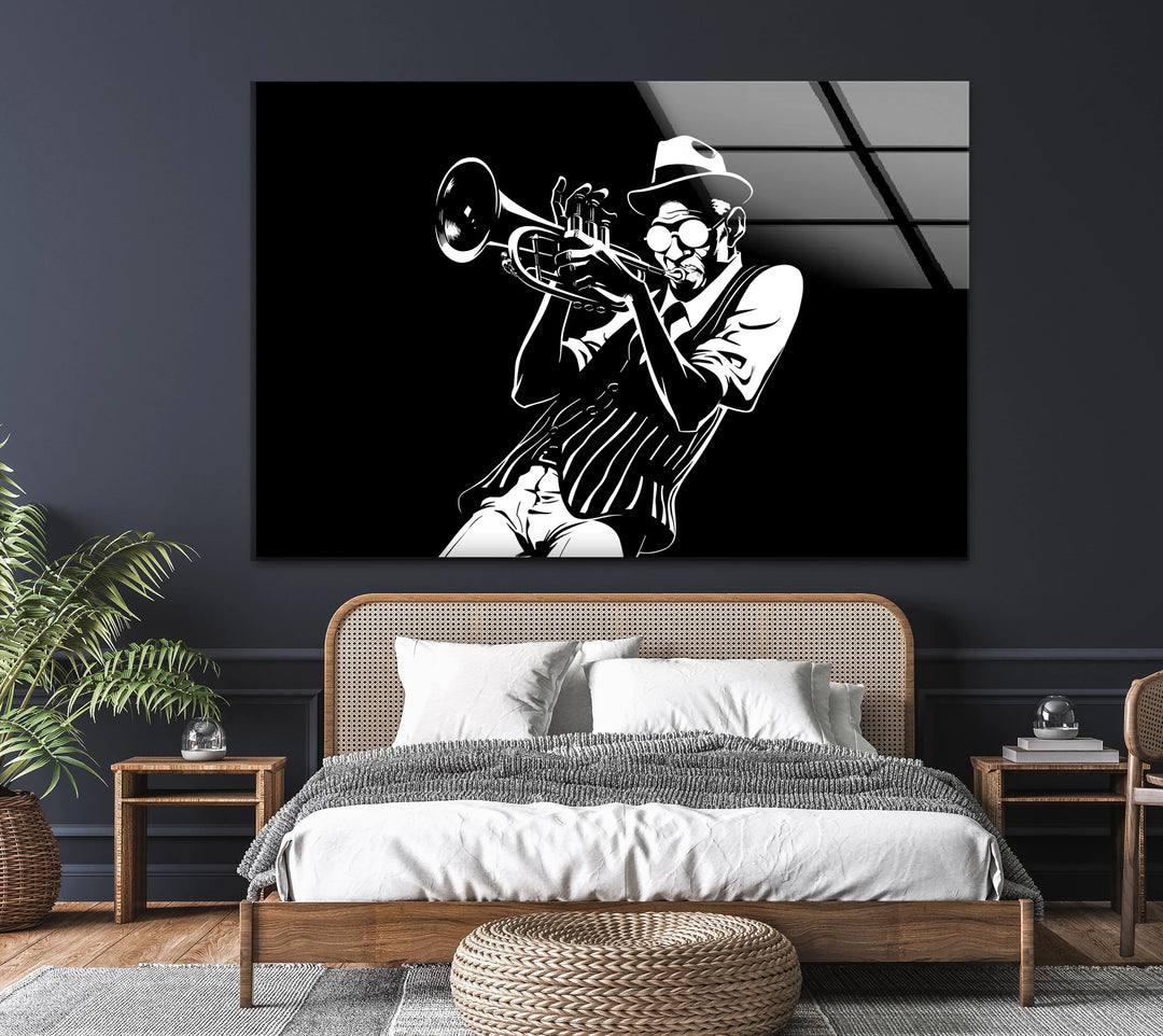 Jazz-themed monochrome artwork on glass featuring a musician with trumpet.