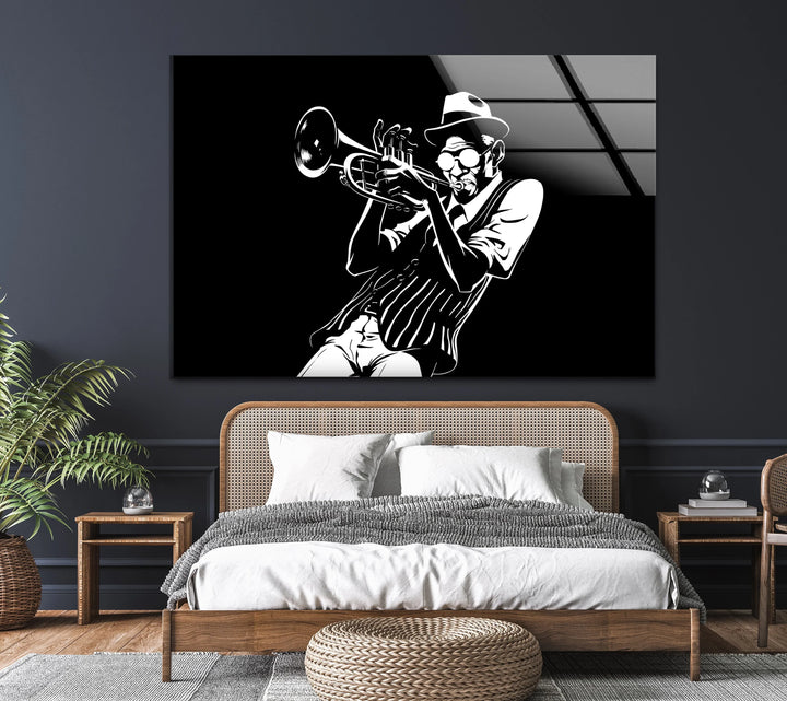 Jazz-themed monochrome artwork on glass featuring a musician with trumpet.