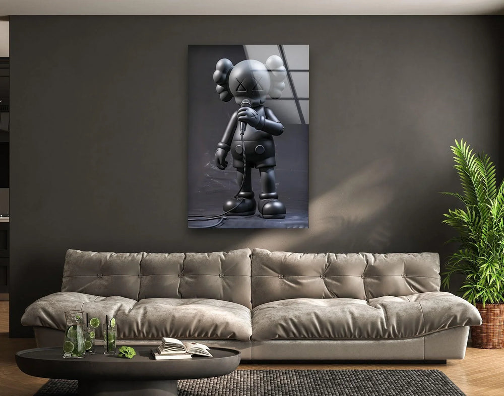 Urban vinyl character singing on stage in monochrome wall decor.