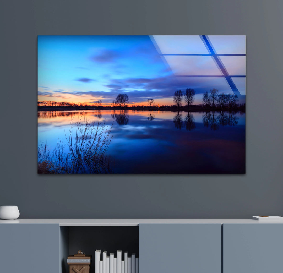 Blue Sunset Lake Wall Art – Serene Landscape Glass Print for Calm and Modern Interiors - MyPhotoStation
