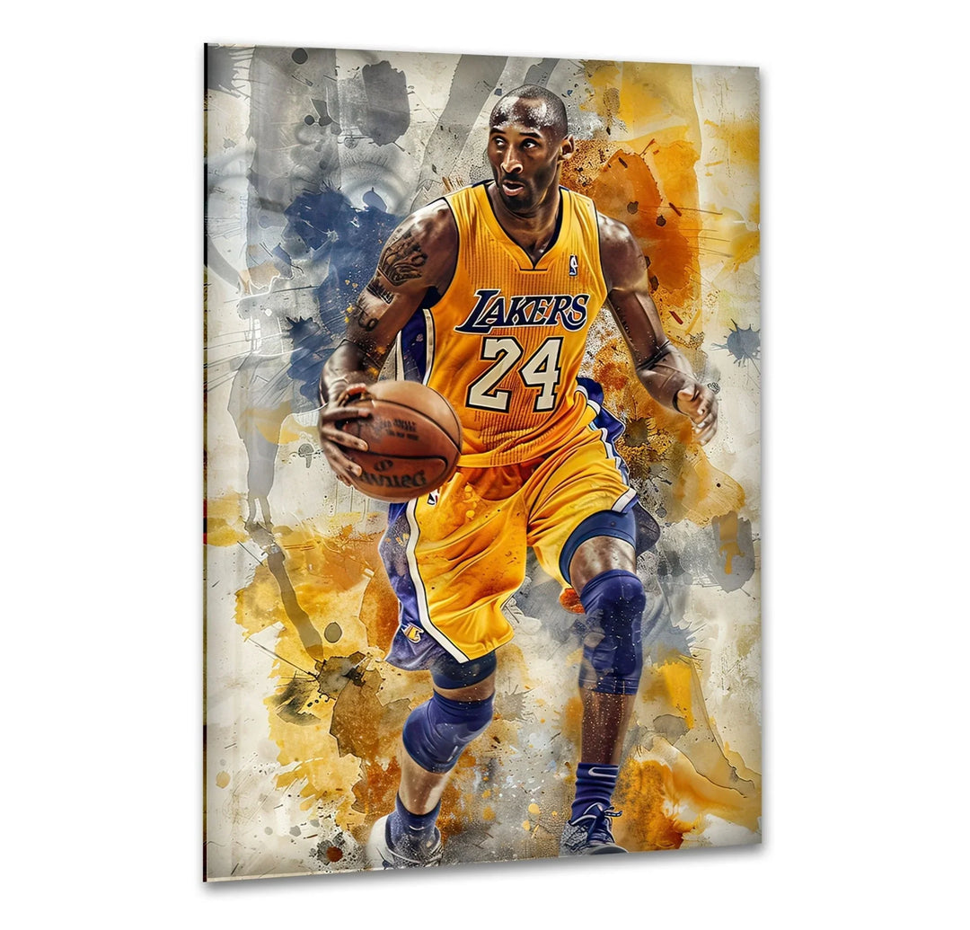Basketball Kobe Bryant Glass Wall Art -Dynamic glass wall art of a basketball legend in yellow uniform dribbling with watercolor splash effects.