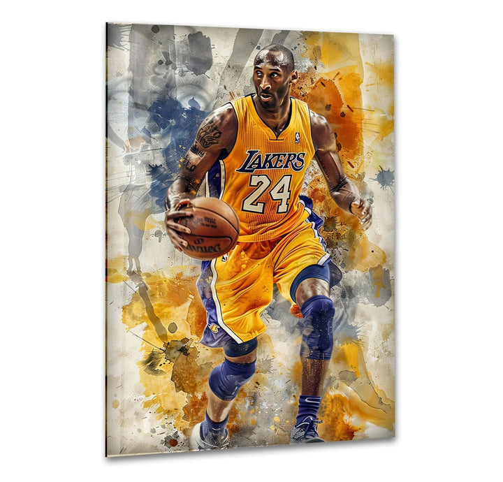 Basketball Kobe Bryant Glass Wall Art -Dynamic glass wall art of a basketball legend in yellow uniform dribbling with watercolor splash effects.