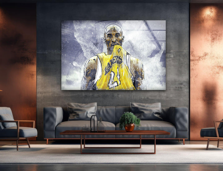 Dynamic basketball glass panel showing a number 24 figure surrounded by textured watercolor effects.-Kobe Bryant Glass Wall Artwork