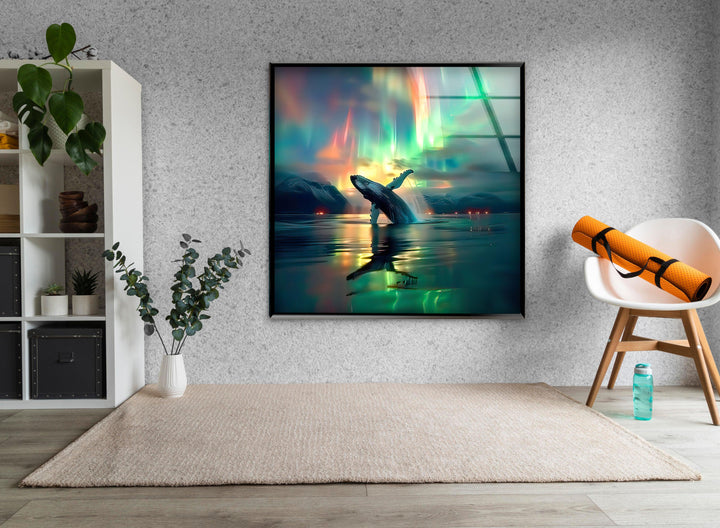 Whale Breaching in The Ocean Glass Wall Art stained glass wall art, stained glass wall decor

